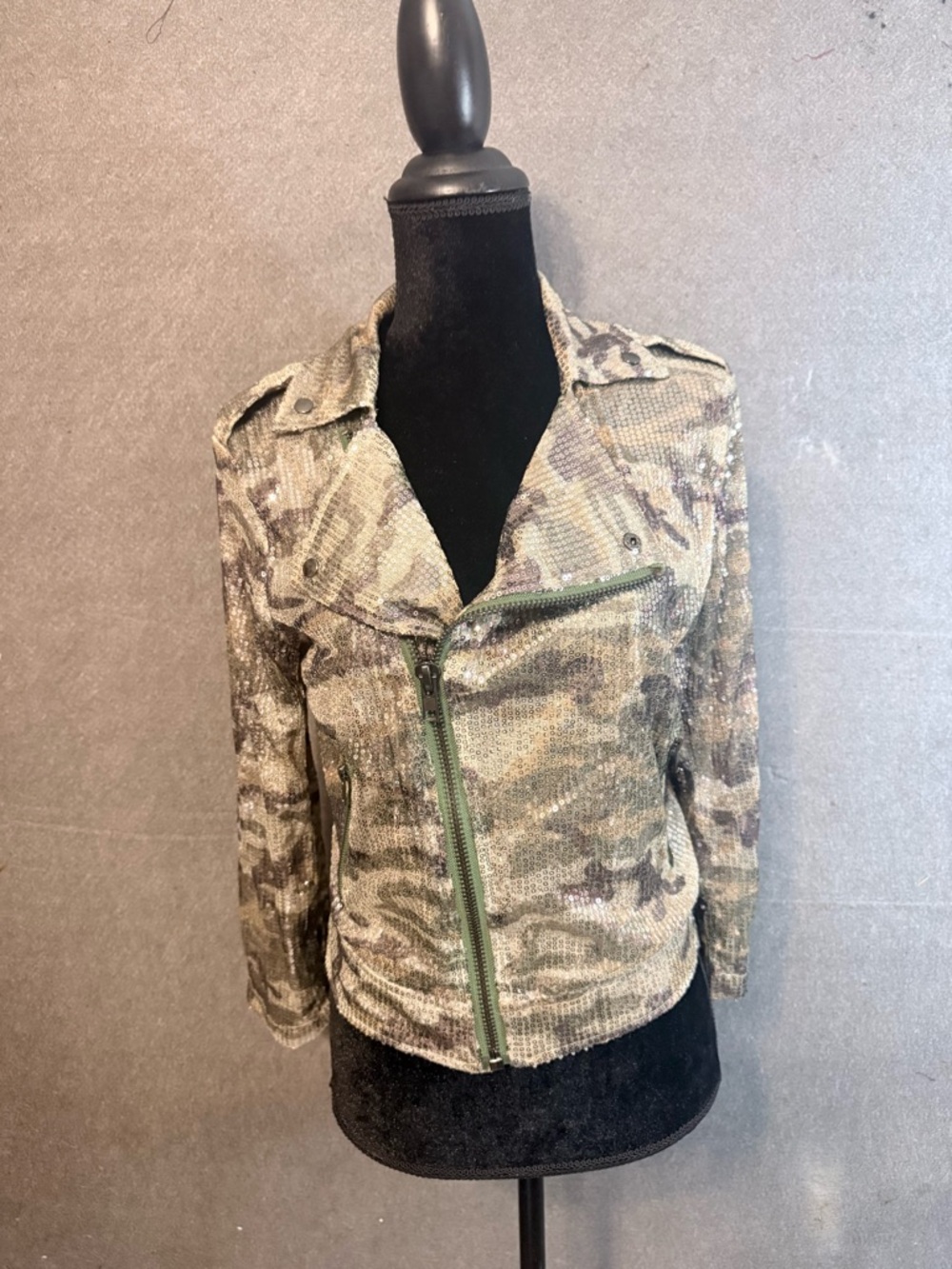 Ella Camouflage Sequin Utility Jacket in Green and Brown